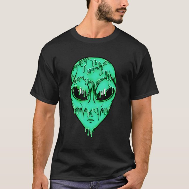 Grönt Trippy Alien Shirt - Psychedelic Alien Ansik T (Framsida)