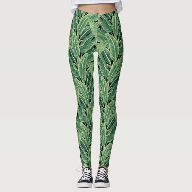 Grönt Tropical Banana Löv Leggings (Framsida)