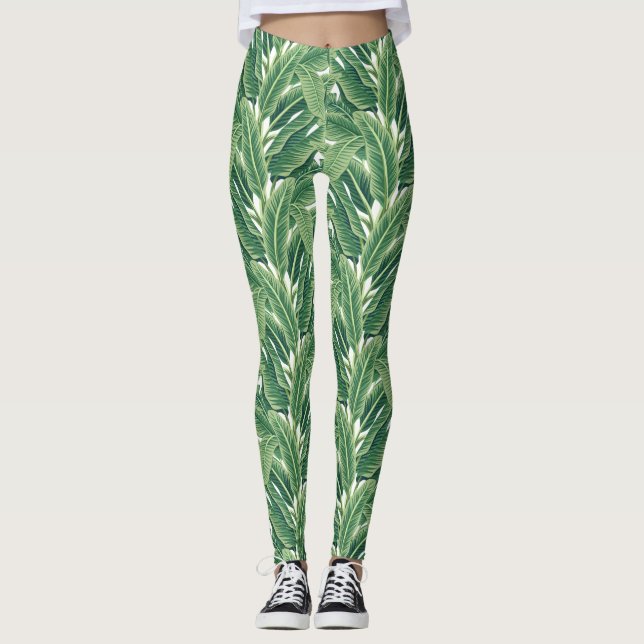Grönt Tropical Banana Löv Leggings (Framsida)
