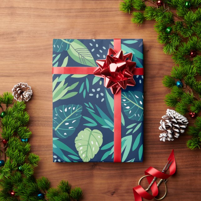 Grönt Tropical Blad Mönster på Blue Presentpapper (Julgåva)