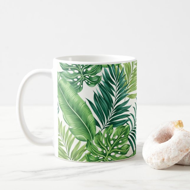 Grönt Tropical Handflatan Banana Monstera Löv Kaffemugg (Med munk)