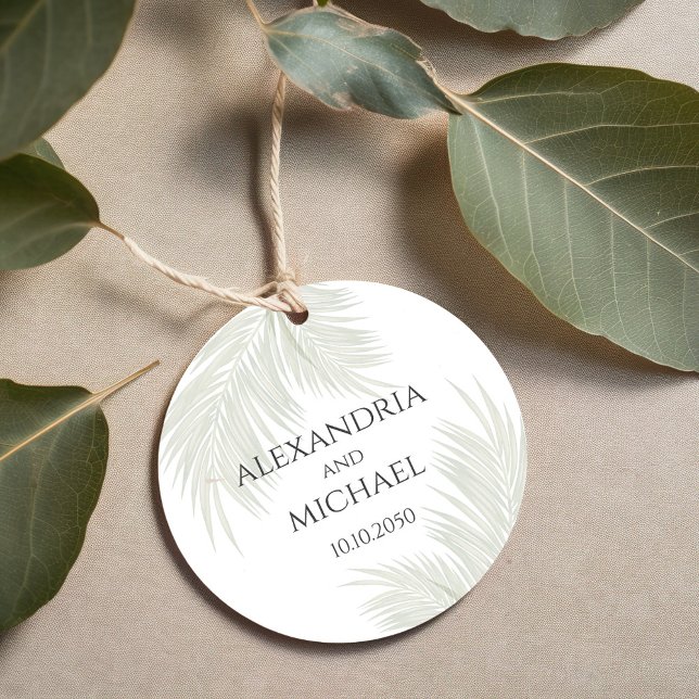 Grönt Tropical Handflatan Löv Bröllop Gåvor Etiketter (Elegant Palm leaves botanical wedding favor tag.)