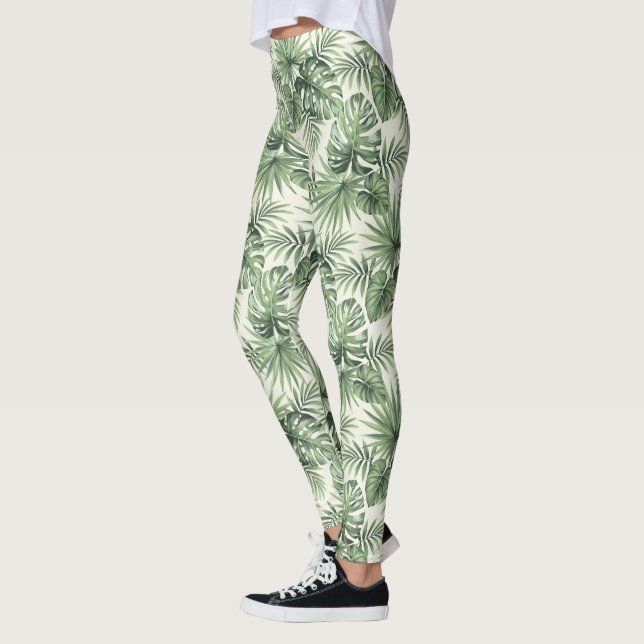Grönt Tropical Handflatan Löv Mönster Leggings (Vänster)
