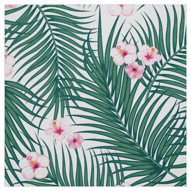 Grönt Tropical Handflatan Löv with Hibiscus Flower Tyg (Provkarta)