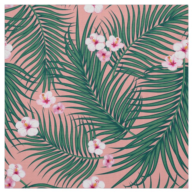 Grönt Tropical Handflatan Löv with Hibiscus Flower Tyg (Provkarta)