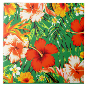Grönt Tropical hibiscus-blommor Kakelplatta