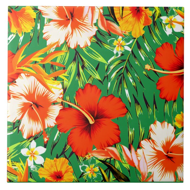 Grönt Tropical hibiscus-blommor Kakelplatta (Framsidan)