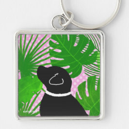Grönt Tropical Island Black Hund Keychain Fyrkantig Silverfärgad Nyckelring