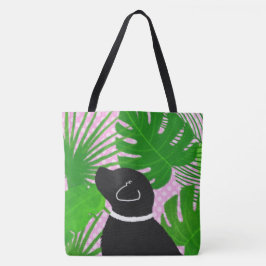 Grönt Tropical Island Black Hund Tote Bag Tygkasse