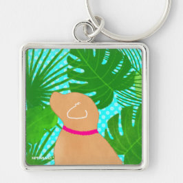 Grönt Tropical Island Gult Hund Keychain Fyrkantig Silverfärgad Nyckelring