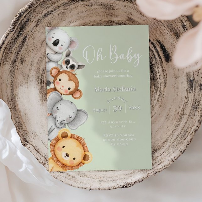 Grönt Tropical Jungle Safari Baby Shower Animals Inbjudningar (Skapare uppladdad)