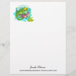 Grönt Tropical Lizard with Flowers Brevhuvud