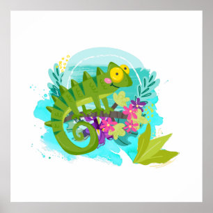 Grönt Tropical Lizard with Flowers Poster