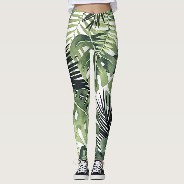 Grönt Tropical Löv Botanical Botany Leggings (Framsida)