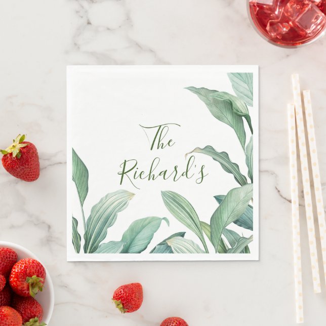 Grönt Tropical Löv Monogram Namn Pappersservett (Insitu)