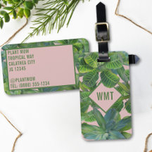 Grönt Tropical Löv Monogram Rosa Luggage Tag