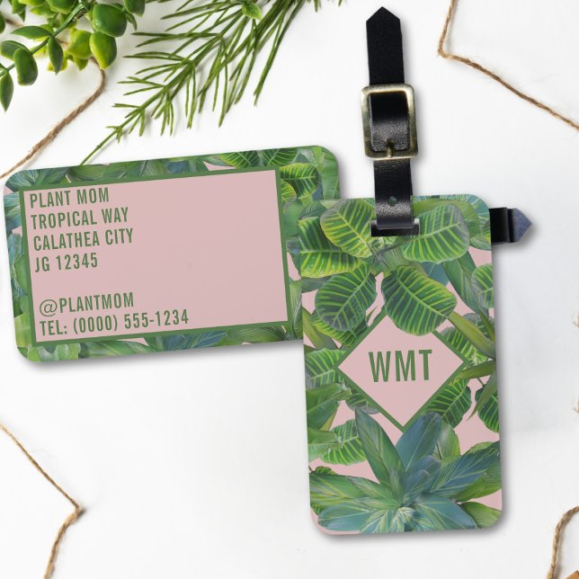 Grönt Tropical Löv Monogram Rosa Luggage Tag Bagagebricka (Don't be a wallflower, rock this botanical beauty on your next adventure.)
