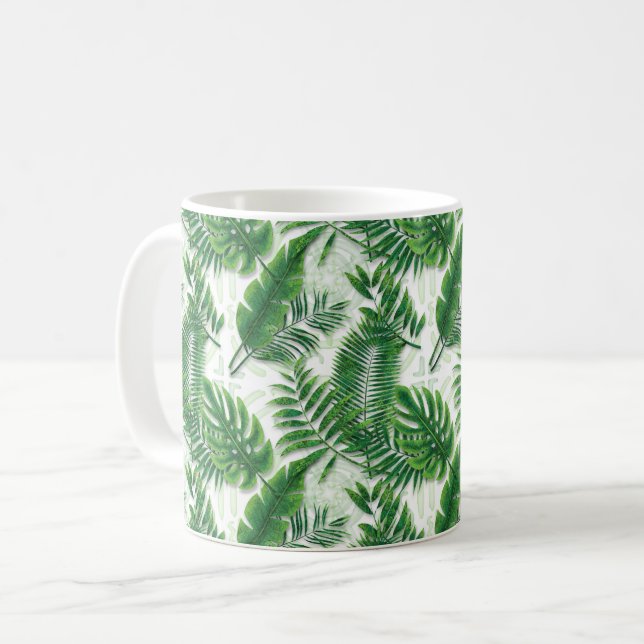 Grönt Tropical Löv Mönster Kaffemugg (Framsida vänster)
