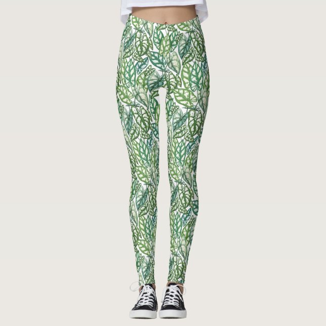 Grönt Tropical Löv Mönster Leggings (Framsida)