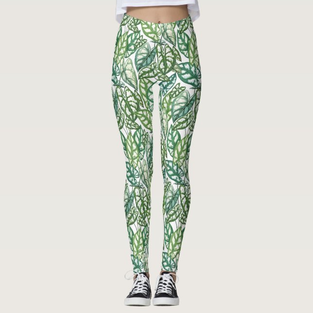 Grönt Tropical Löv Mönster Leggings (Framsida)