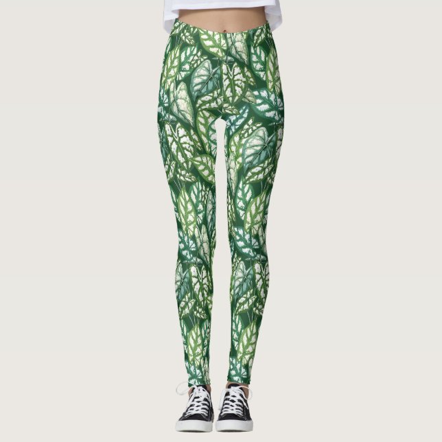 Grönt Tropical Löv Mönster Leggings (Framsida)