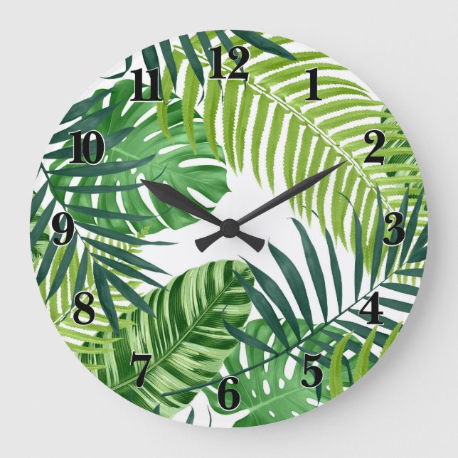 Grönt Tropical Löv Stor Klocka (Framsida)