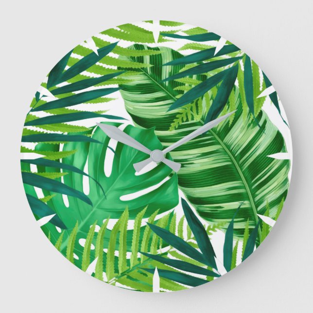Grönt Tropical Löv Stor Klocka (Framsida)