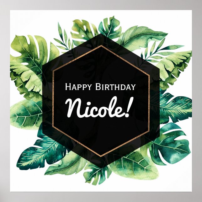 Grönt Tropical Lövs Black Bröllop Banner Poster (Framsidan)