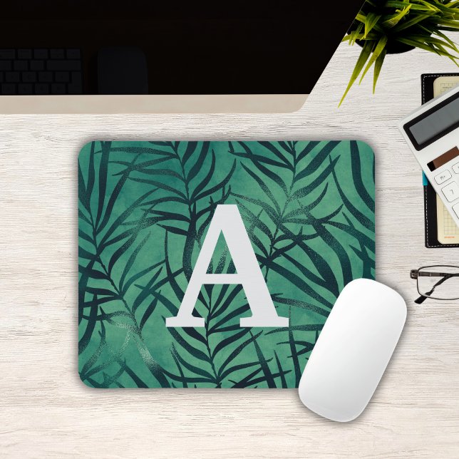 Grönt Tropical Lövs Monogrammed Mousepad Musmatta (Green Tropical Leaves Monogrammed Mousepad
)