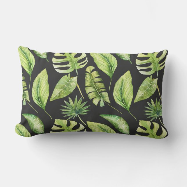 Grönt Tropical Lövs Mönster Black Botanical Lumbarkudde (Framsida)