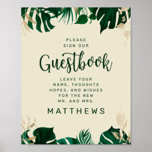 Grönt Tropical Lövs with Guld Guestbook Sign Poster