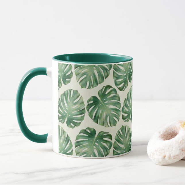 Grönt Tropical Monstera Löv Mönster Mugg (Med munk)