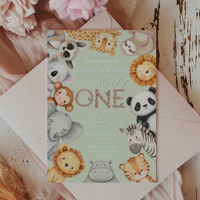 Grönt Tropical Vild One Jungle Safari Animals Inbjudningar (Skapare uppladdad)