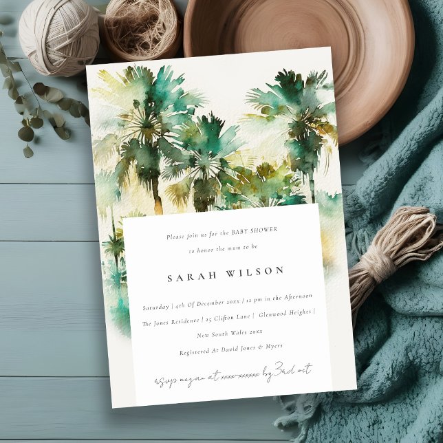 Grönt Tropical Watercolor Handflatan Träd Baby Sho Inbjudningar (Skapare uppladdad)