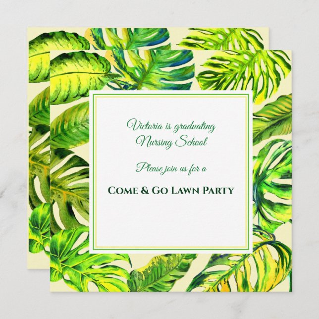 Grönt Tropical Watercolor Löv Studenten Inbjudningar (Fram/baksida)
