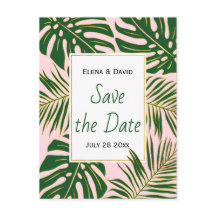 Grönt tropiska löv rosa bröllop spara datum