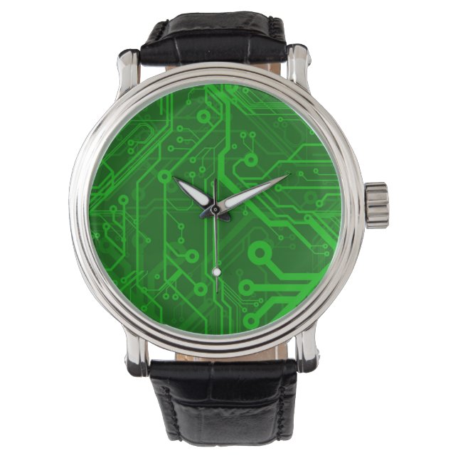Grönt Tryckt Circuit Board Mönster Armbandsur (Framsida)