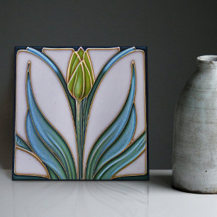 Grönt Tulip Wall Decor Art nouveau Art Deco Kakelplatta