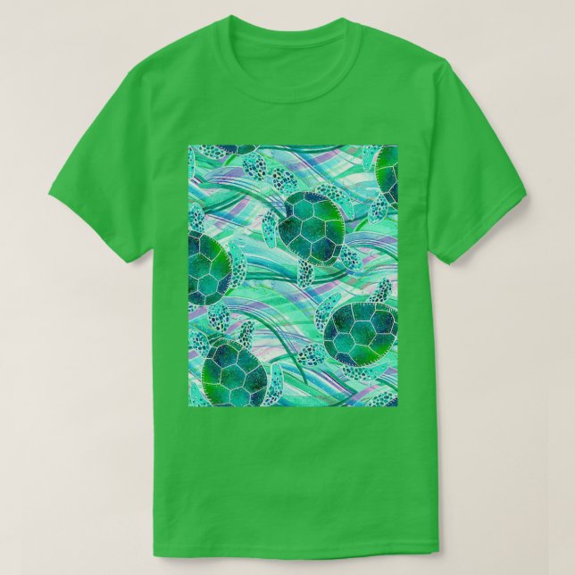 Grönt Turtles på Abstrakt Vågar Mönster T Shirt (Design framsida)