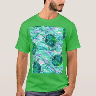 Grönt Turtles på Abstrakt Vågar Mönster T Shirt