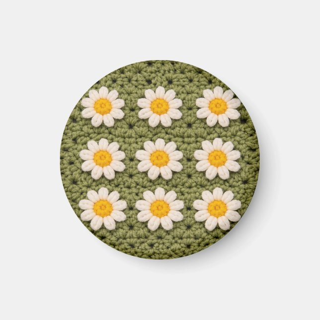 Grönt tusenskönas granny square virkmönster blommi magnet (Framsidan)