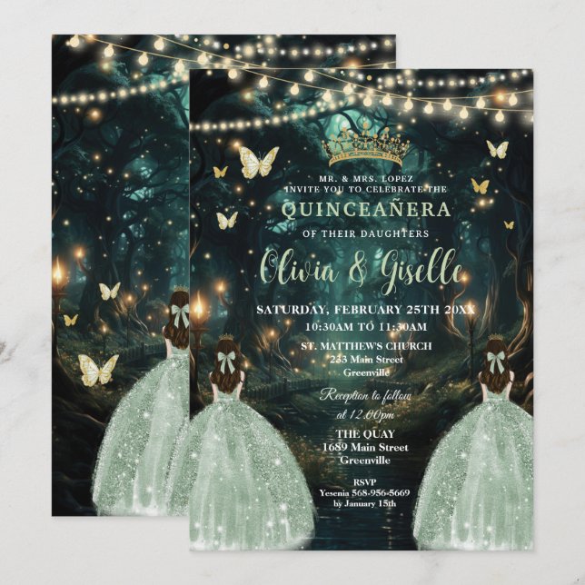 Grönt Twillingar Quinceañera Inbjudningar (Fram/baksida)