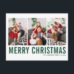 Grönt Typography God jul Photo Collage Vykort<br><div class="desc">God Jul! Anpassadets vykort för julfotokollage med grönt och svart enkel typografi. Anpassa genom att lägga till tre foton,  namn,  år och annan information. Det här moderna julkortet finns i andra färg och på andra kartonger.</div>