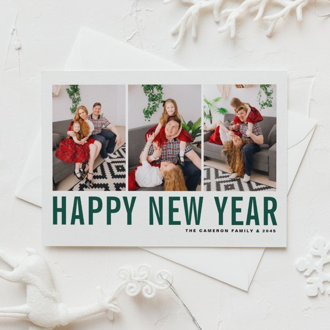 Grönt Typography Photo Collage Gott nytt år Helg Vykort (Send new year cheer with this customizable green three-photo-collage Happy New Year Postcard. )