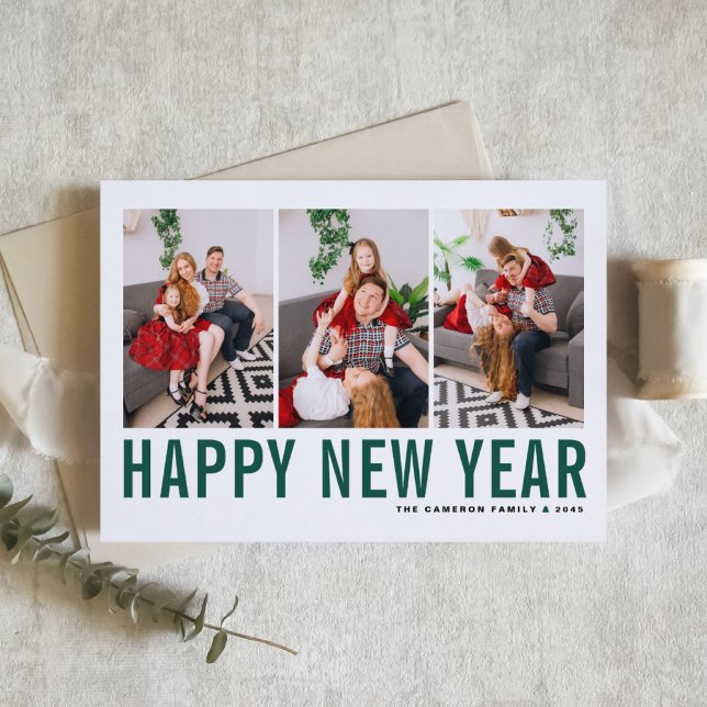 Grönt Typography Photo Collage Gott nytt år Helgkort (Send new year cheer with this customizable green three-photo-collage Happy New Year Card. )