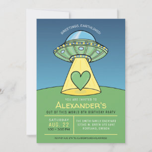 Grönt UFO Alien Födelsedagsfest inbjudan