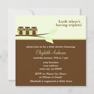 Grönt Ugglor Triplet Baby Shower Inbjudningar