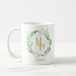 Grönt Utandning av botaniskt Löv Faux Guld Mrs. Kaffemugg