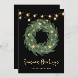 Grönt Utandning med Guld String Ljus på svart Julkort