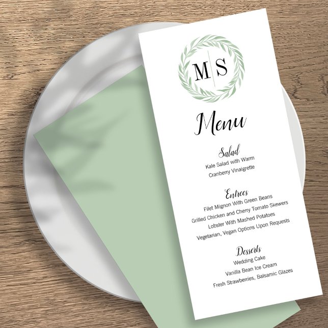 Grönt Utandning Monogram Bröllop Menu Meny (Skapare uppladdad)